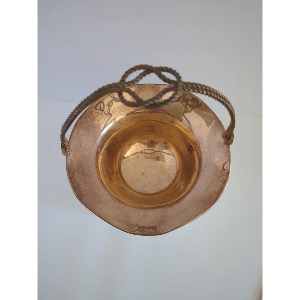 Vintage Brass Flower Basket Rotating Knot Handle Scalloped Patina Trinket Dish
